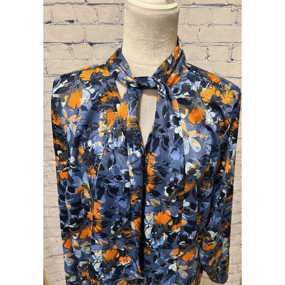 Denim & Co. Floral Printed Blouse with Neck Tie Detail - Navy Size XL QVC D&Co. - Picture 2 of 9